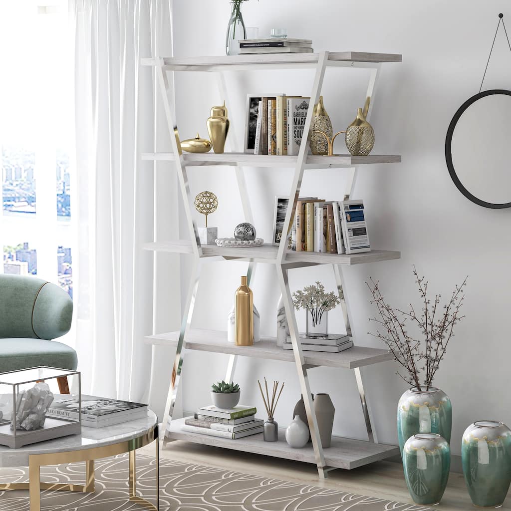 Epstewin Modern 5-Shelf Metal Frame Bookcase/Room Divider by Silver Orchid