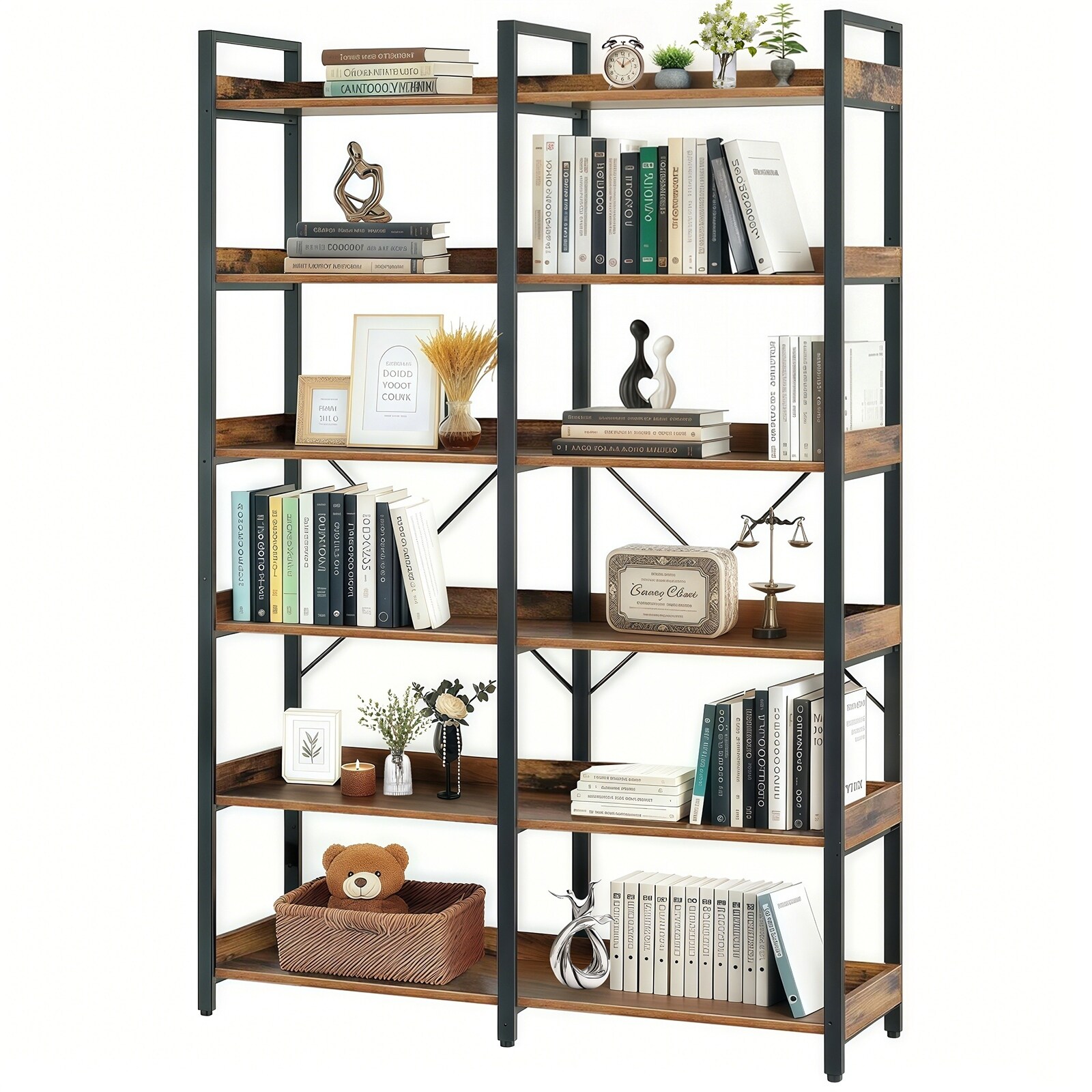 6-Tier Industrial Bookshelf, 67" Wooden Bookshelf with Open Shelves, Freestanding Metal Frame Bookcase, Modern Book Shelves