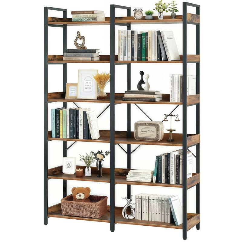 6-Tier Industrial Bookshelf, 67" Wooden Bookshelf with Open Shelves, Freestanding Metal Frame Bookcase, Modern Book Shelves - Black+Brown