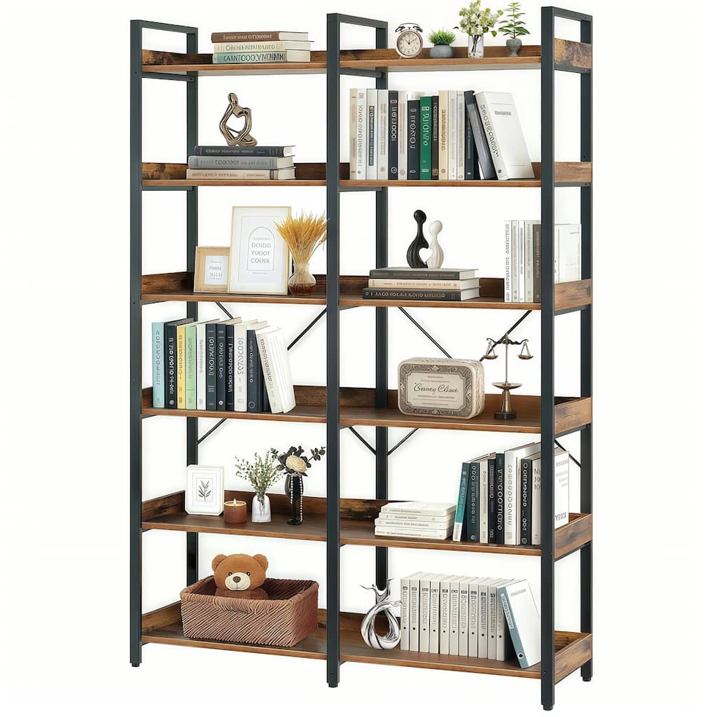 6-Tier Industrial Bookshelf, 67" Wooden Bookshelf with Open Shelves, Freestanding Metal Frame Bookcase, Modern Book Shelves