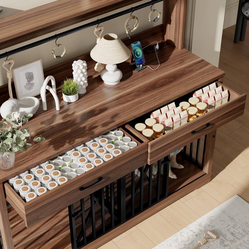 55.1" Dog Crate Furniture, Dog Cage Table with 2 Storage Drawers and Shelves, TV Stand Side End Table