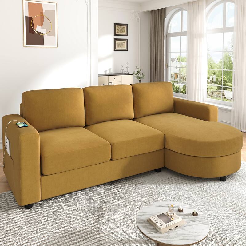 Modern Sectional Sofa 84.6" L-shaped Sofa Couch with a Curved Chaise Lounge - Yellow