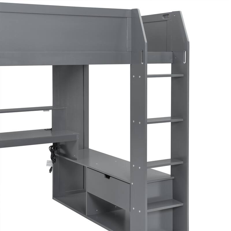 Dark Gray Full Size Solid Wood MDF Gaming Loft Bed with Desk, Multi-storage Shelves, LED and Charging Station