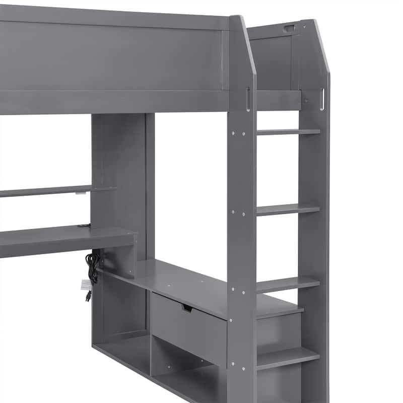 Dark Gray Full Size Solid Wood MDF Gaming Loft Bed with Desk, Shelves, LED, and Charging Station