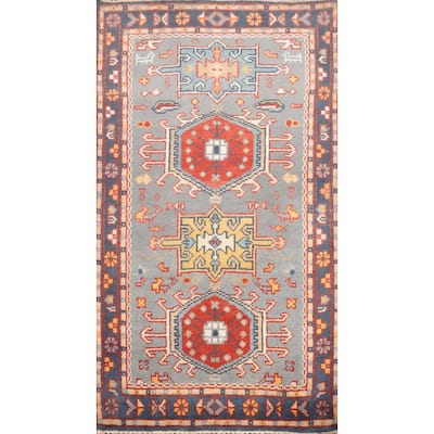 Hand Knotted Oriental 100% Wool Carpet Traditional Geometric Navy Blue & Blues Kazak Area Rug - 5' 1'' X 2' 11''