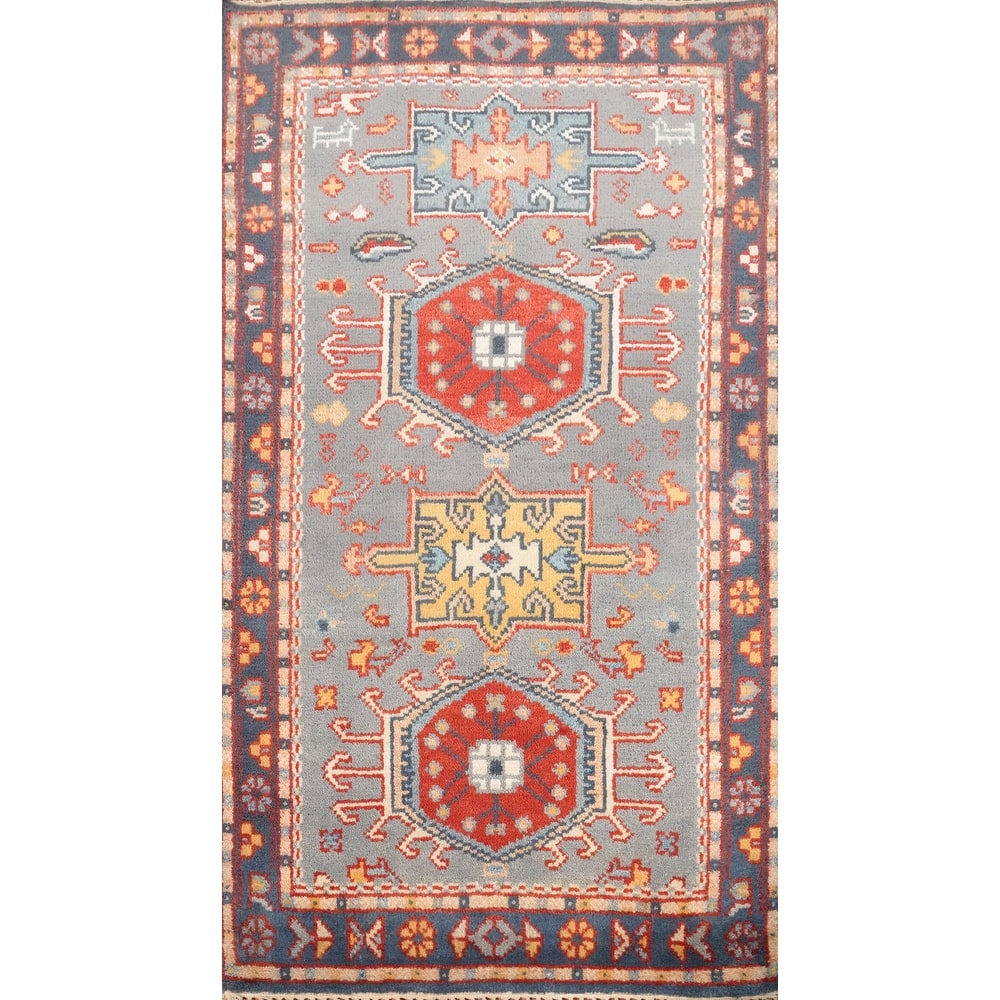 Hand Knotted Oriental 100% Wool Carpet Traditional Geometric Navy Blue & Blues Kazak Area Rug - 5' 1'' X 2' 11''