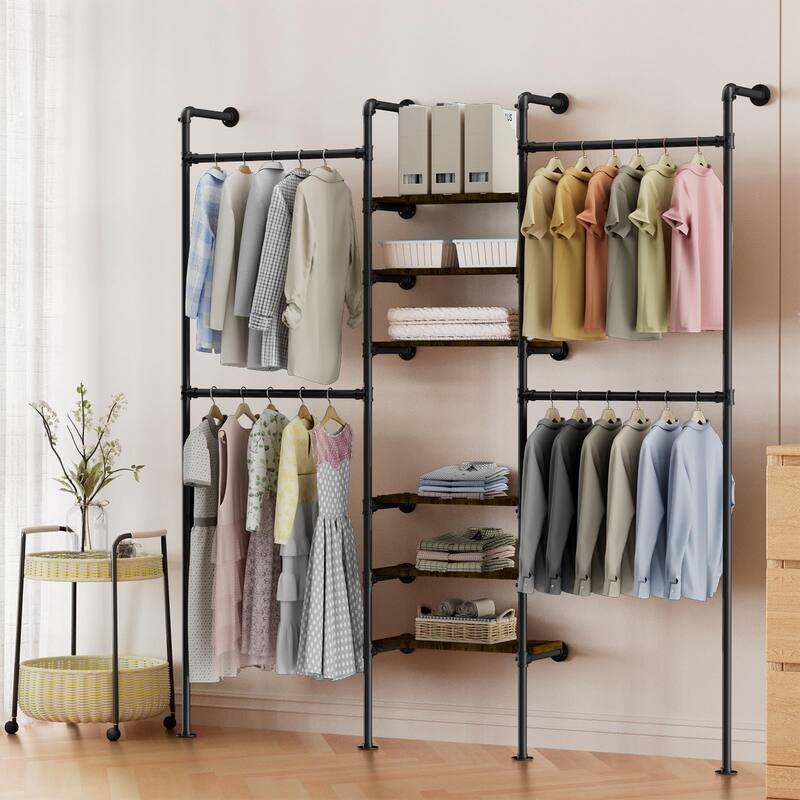 Industrial Pipe Clothing Racks, Heavy Duty Garment Rack Closet Wardrobe Rack with Shelves, Closet Clothes Rack