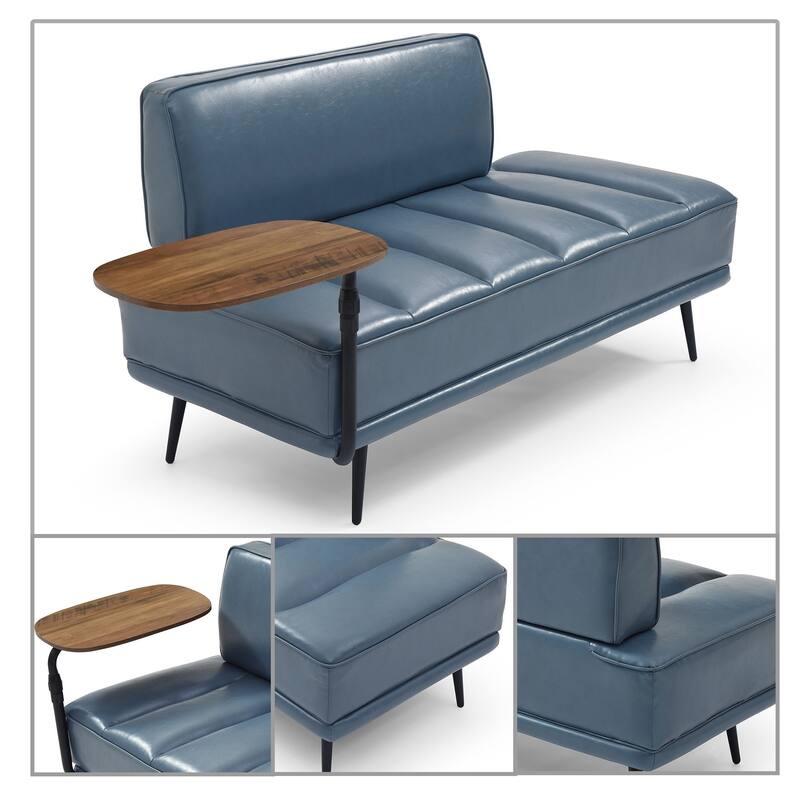 Modern minimalist bench with upholstered backrest and 360-degree swivelling side table, metal legs