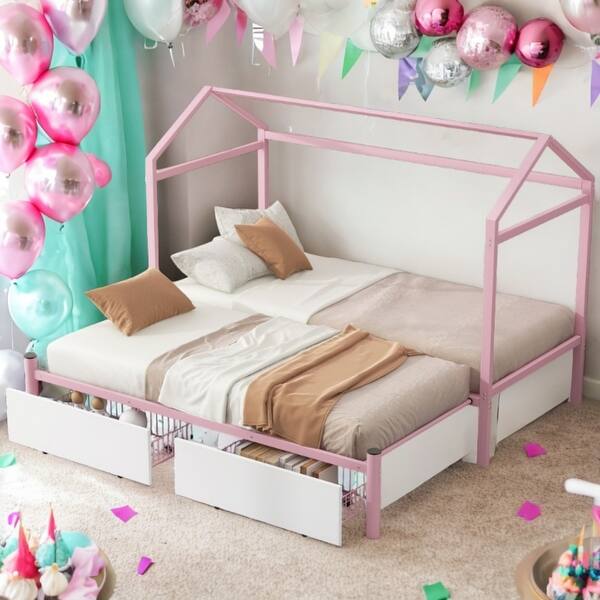slide 2 of 30, Modern Kids Bed with 2 Storage Drawers, Twin XL to King Design House Platform Bed Pink