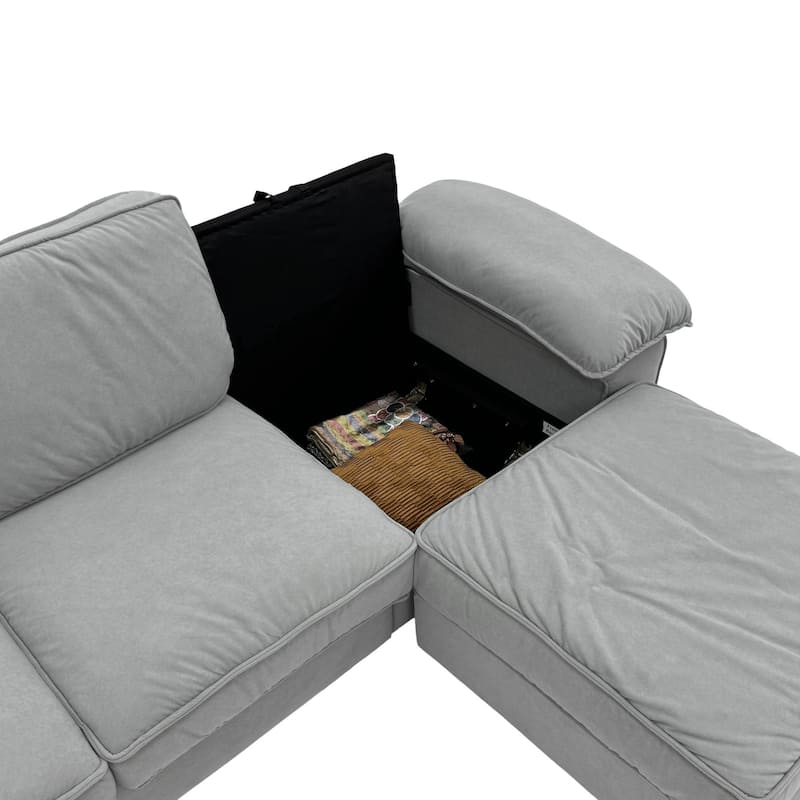 Upholstered L-Shaped Sectional Sofa Couch with Ottoman, Modern Fabric Deep Seat Sofa