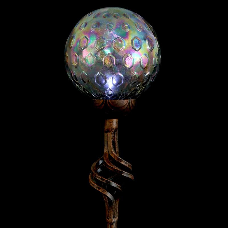 Exhart Solar Pearlized Honeycomb Glass Ball Garden Stake with Metal Finial, 4 by 31 Inches