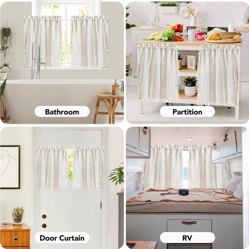 Boho Stripe Textured Linen Tier Cafe Curtains with Tassel for Kitchen