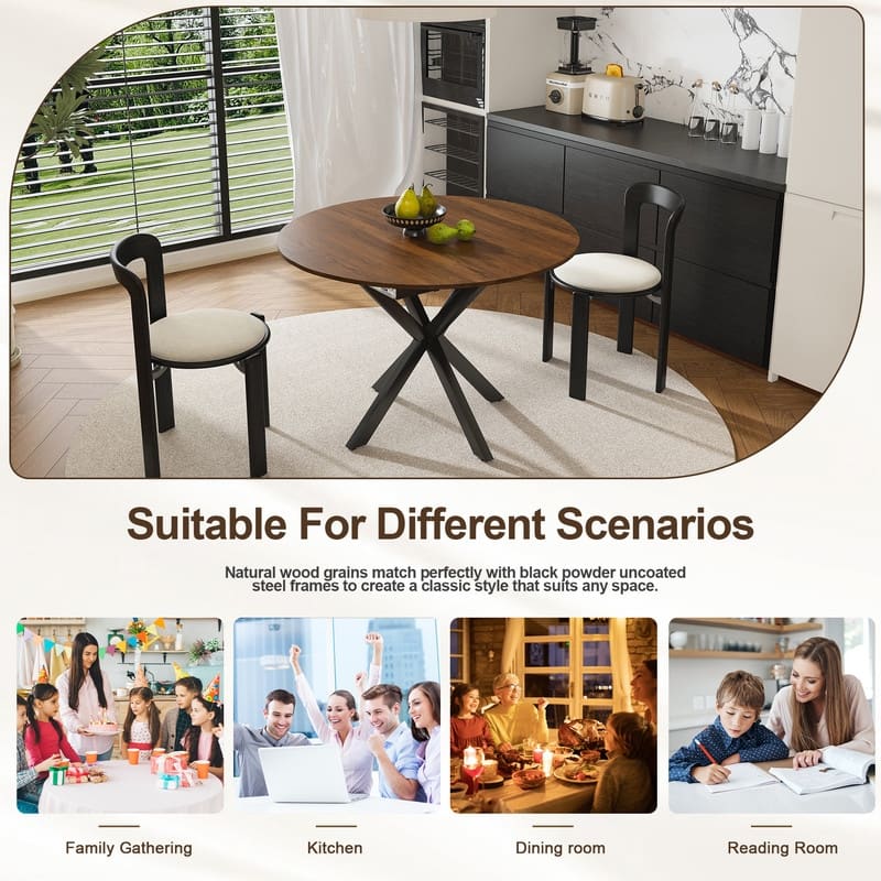 42" to 58" Extendable Round Dining Table, Modern Wood Veneer Top & Carbon Steel X-Base