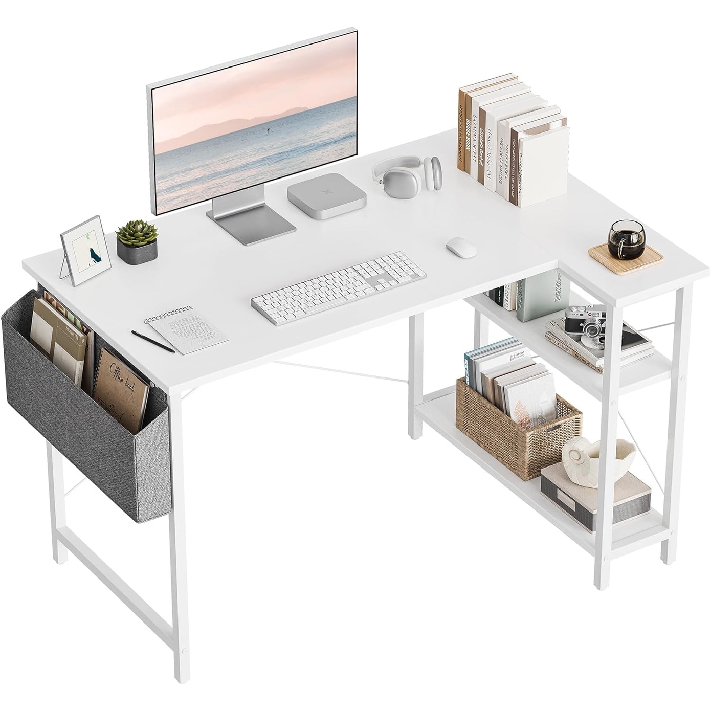 40-inch Reversible L-Shaped Desk with Storage Shelves, Home Office Study Writing Table, White