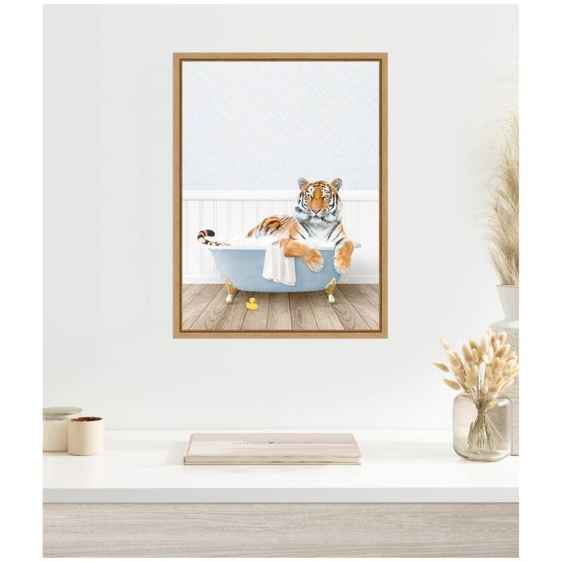 Kate and Laurel Sylvie Tiger in Cottage Blue Bathtub Framed Canvas by Amy Peterson