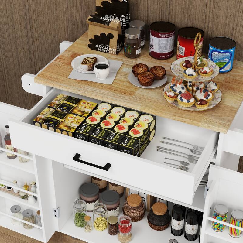 Anmytek Rolling Kitchen Island Cart Rubber Wood Top 1 Drawer 2 Doors Adjustable Shelves Towel Rack Seasoning Rack
