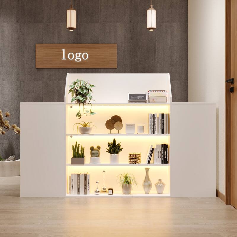 Reception Desk Checkout Counter with LED Display Shelves, Locking Drawer and Storage Cabinets