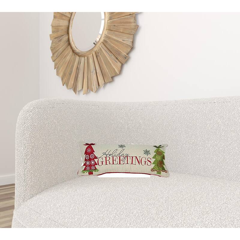 8" X 18" Green and Red Christmas Trees Linen Blend Zippered Pillow With Embroidery