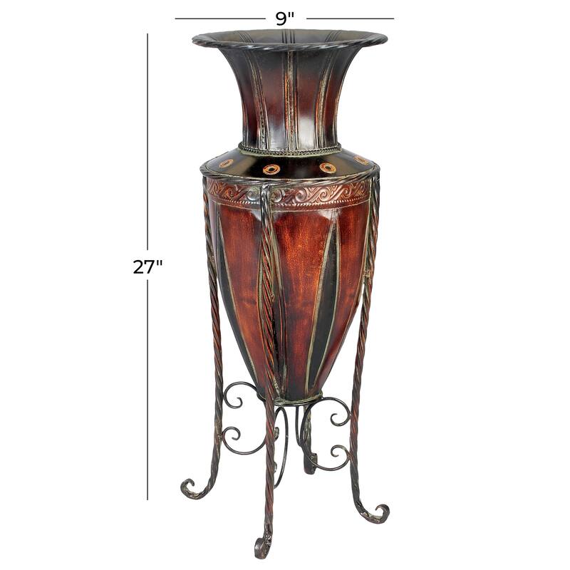 Metal Tall Vase with Attached Metal Stand and Intricate Design - Brown - Roche River Decor - 9"W x 9"L x 27"H