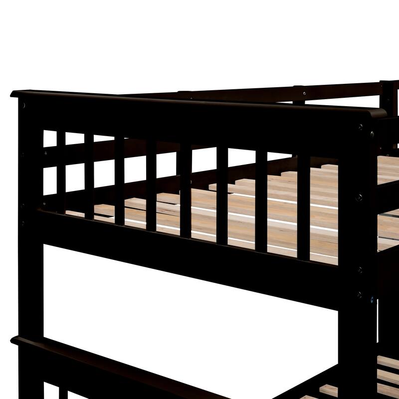 Twin Over Full Solid Wood Bunk Bed with Twin size Trundle, Storage and Guard Rail