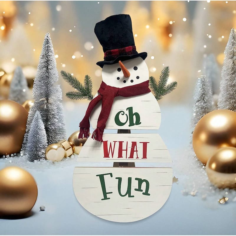 28‘’ H Wooden Snowman Christmas Porch Sign, Outdoor Christmas Decorations for Porch & Front Door Holiday Décor - Black Hat Snowman