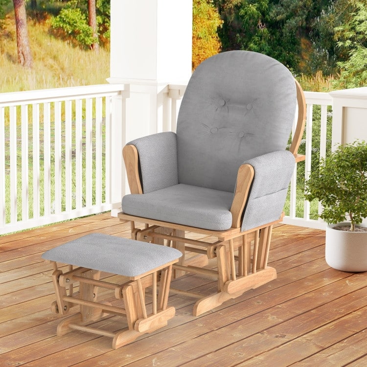 Solid Wood Gliding Chair Set with Pockets and Ottoman for Relaxing