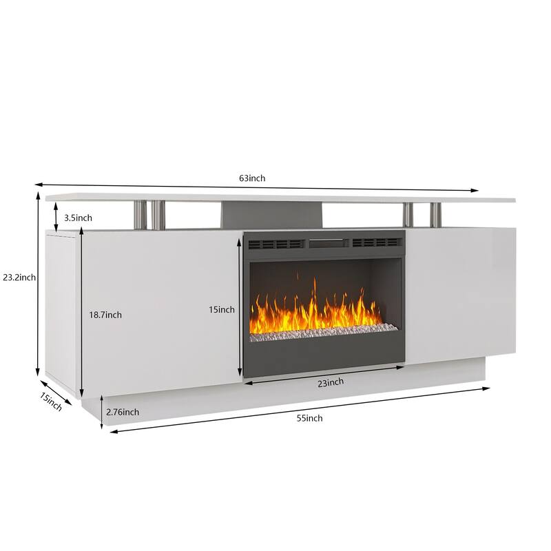 High Gloss TV Stand with Fireplace and Flame Color Changes