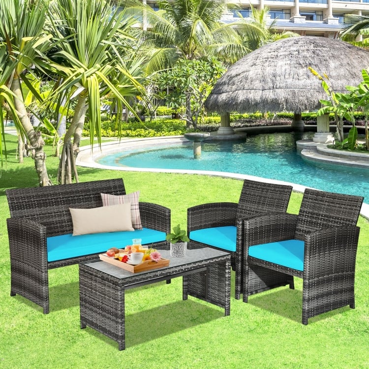 4 Pieces Patio Rattan Furniture Set with Glass Table and Loveseat - 43.5" x 25"x 31" (L x W x H)