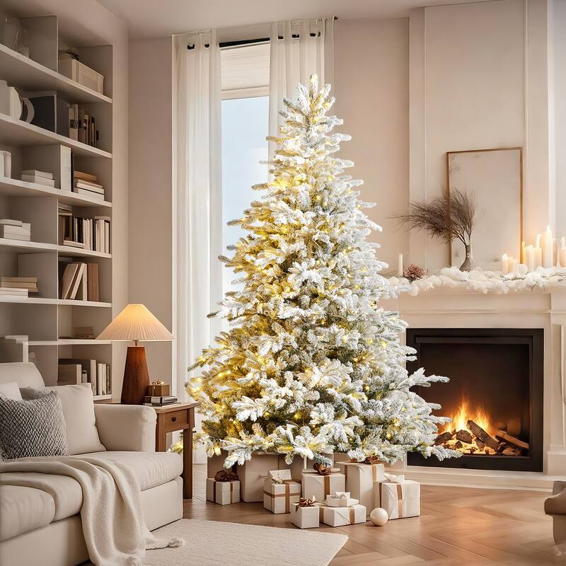 Glitzhome 7.5ft/9ft Pre-Lit Flocked Full Fir Artificial Christmas Trees with Foot Pedal