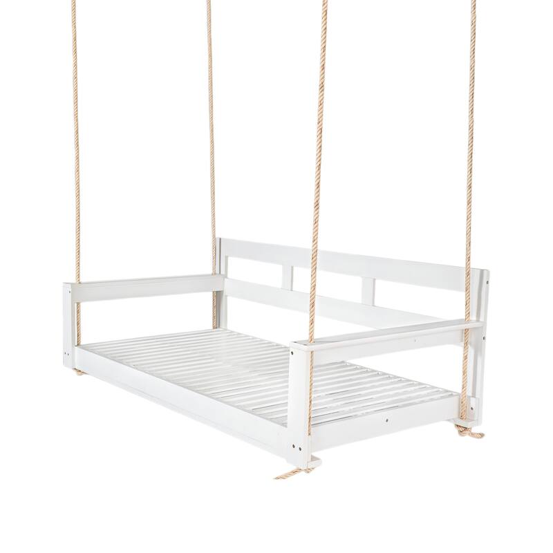 Patio Wooden Twin Size Porch Swing Daybed with 4 Hanging Ropes