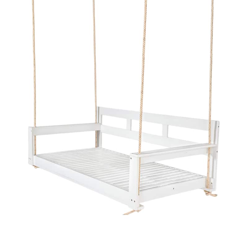 Twin Size Acacia Wood Porch Swing Daybed with Ropes, Outdoor Hanging Garden Bench Frame for Patio, Backyard or Porch