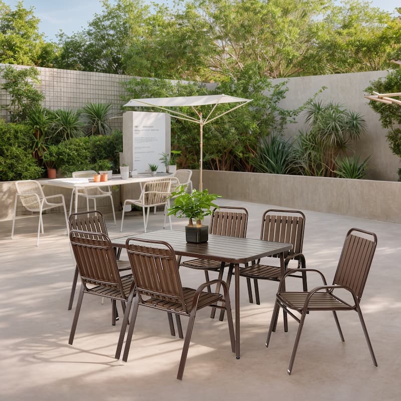 All Weather Outdoor Steel Dining Set, 7 Piece Patio Dining Table and Chair Set with Rectangular Table and 6 Armchairs