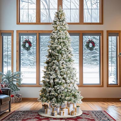 Glitzhome 11ft Pre-Lit Flocked Slim Pine Artificial Christmas Tree with 850 Lights and Foot Pedal