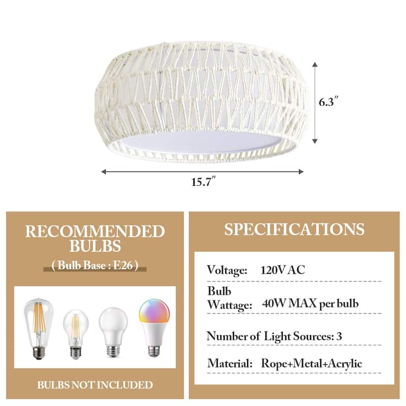 MLiAN 15.7" 3-Light Indoor Rope Flush Mount Ceiling Light