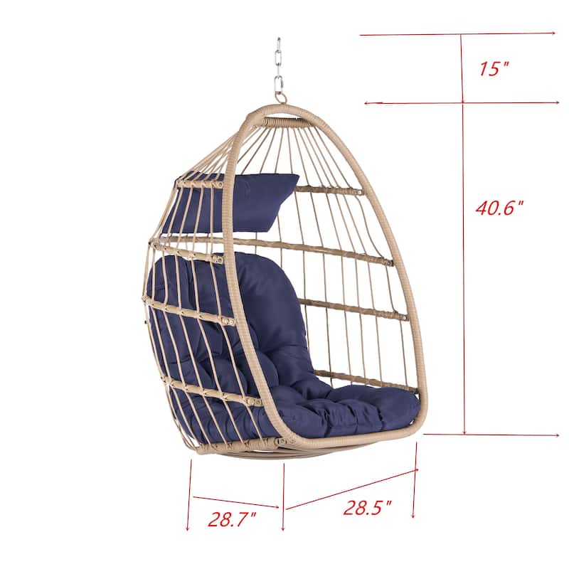 Outdoor Garden Rattan Egg Swing Chair, Hanging Chair Wood with Waterproof Cushions, Galvanized Steel Frame for Patio, Garden