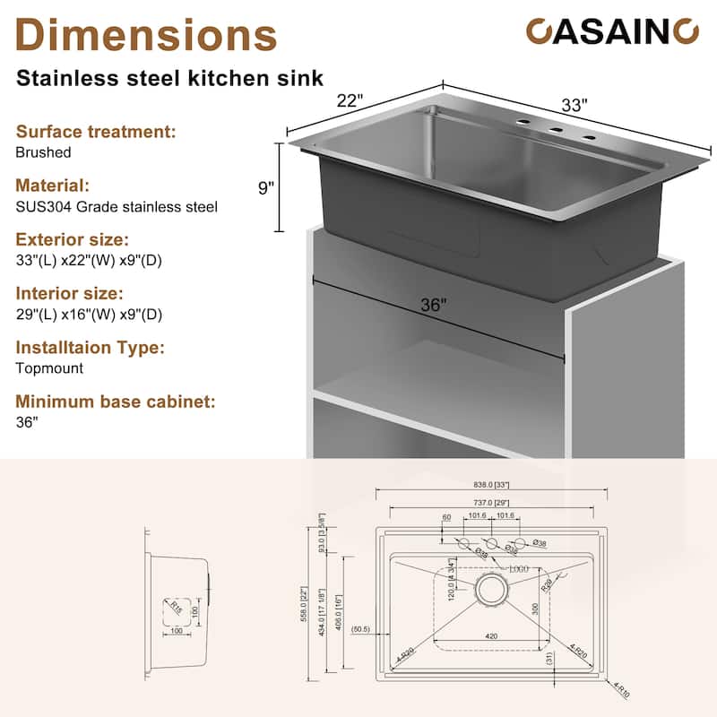 33 in. Drop-in Single Bowl Brushed Stainless Steel Workstation Kitchen Sink with Accessories, cUPC Certified