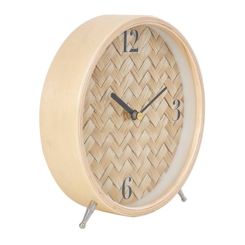 Light Brown Wood Woven Clock Chevron Patterned or White Frame with Silver Legs