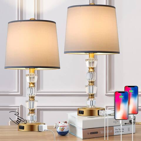 Crystal Table Lamp Set of 2, Antique Brass Gold Touch Control Nightstand Lamps with 2 USB Ports and Outlets