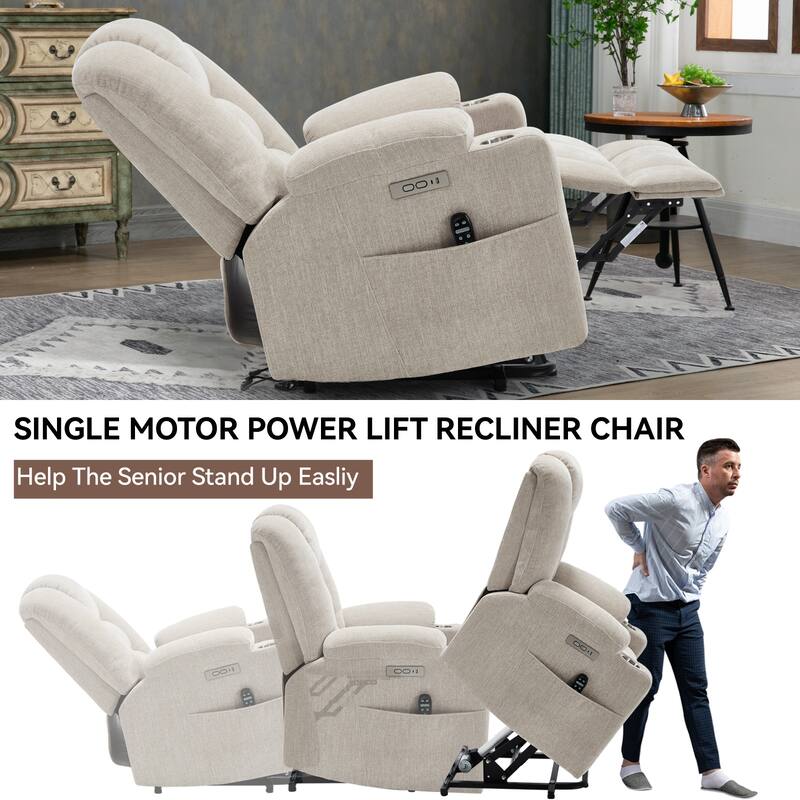 Roomfitters Oversized Power Lift Recliner, Massage Chair with USB A & C Ports and Dual Steel Cup Holders, Beige