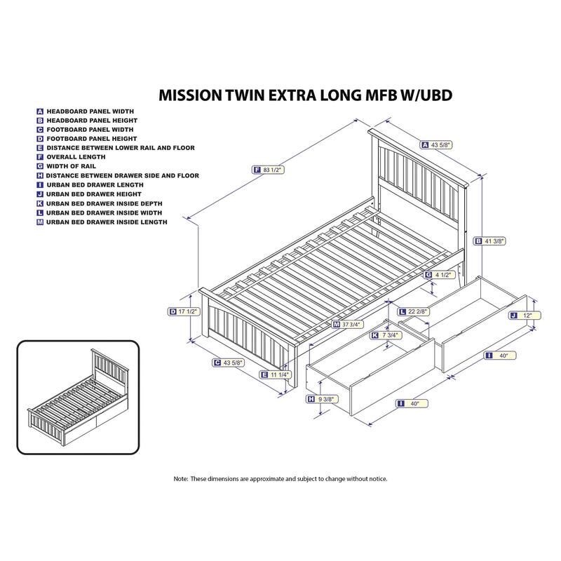 Mission Twin XL Platform Bed with Matching Footboard with 2 Drawers in Walnut