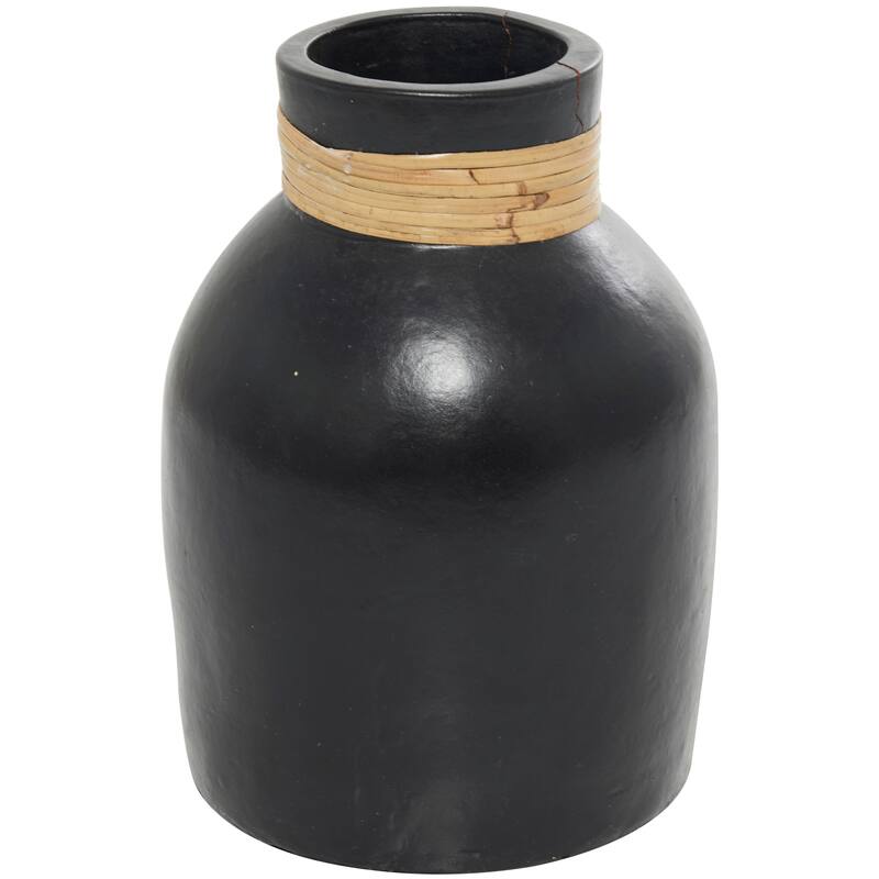 Modern Black Ceramic Vase with Stylish Wrapped Rattan Detailing