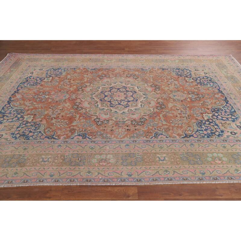 Hand Knotted Oriental 100% Wool Carpet Traditional Floral Oranges & Rust Mashad Area Rug - 9' 5'' X 6' 5''
