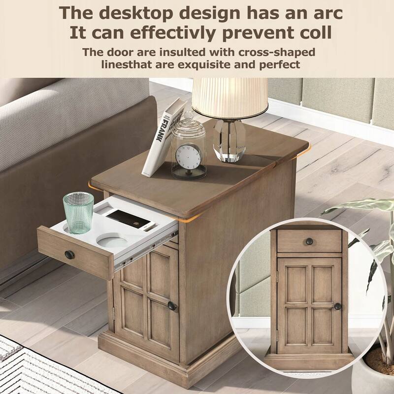 End Table Side Table with USB Ports and One Multifunctional Drawer with cup holders