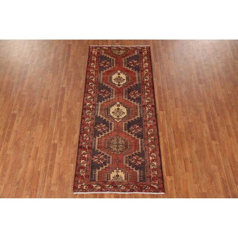 Geometric Ardebil Persian Vintage Runner Rug Hand-Knotted Wool Carpet - 3'10"x 8'6"