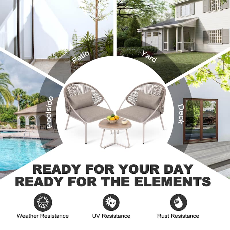 3PCS Metal and PE Wicker Patio Bistro Set with Zippered Cushions, Wood-Grain Tabletop