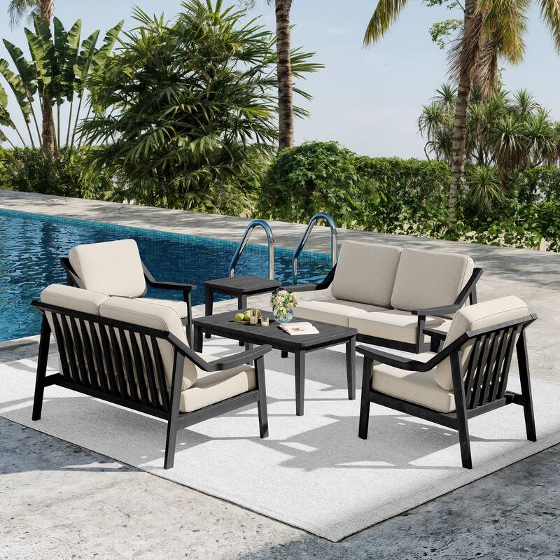 6-piece Adirondack Teak Patio Armchairs Loveseat Seating Conversation Set