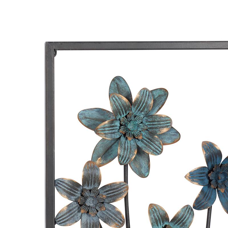 Teal Metal Floral Home Wall Decor with Black Frames and Gold Accents (Set of 2)