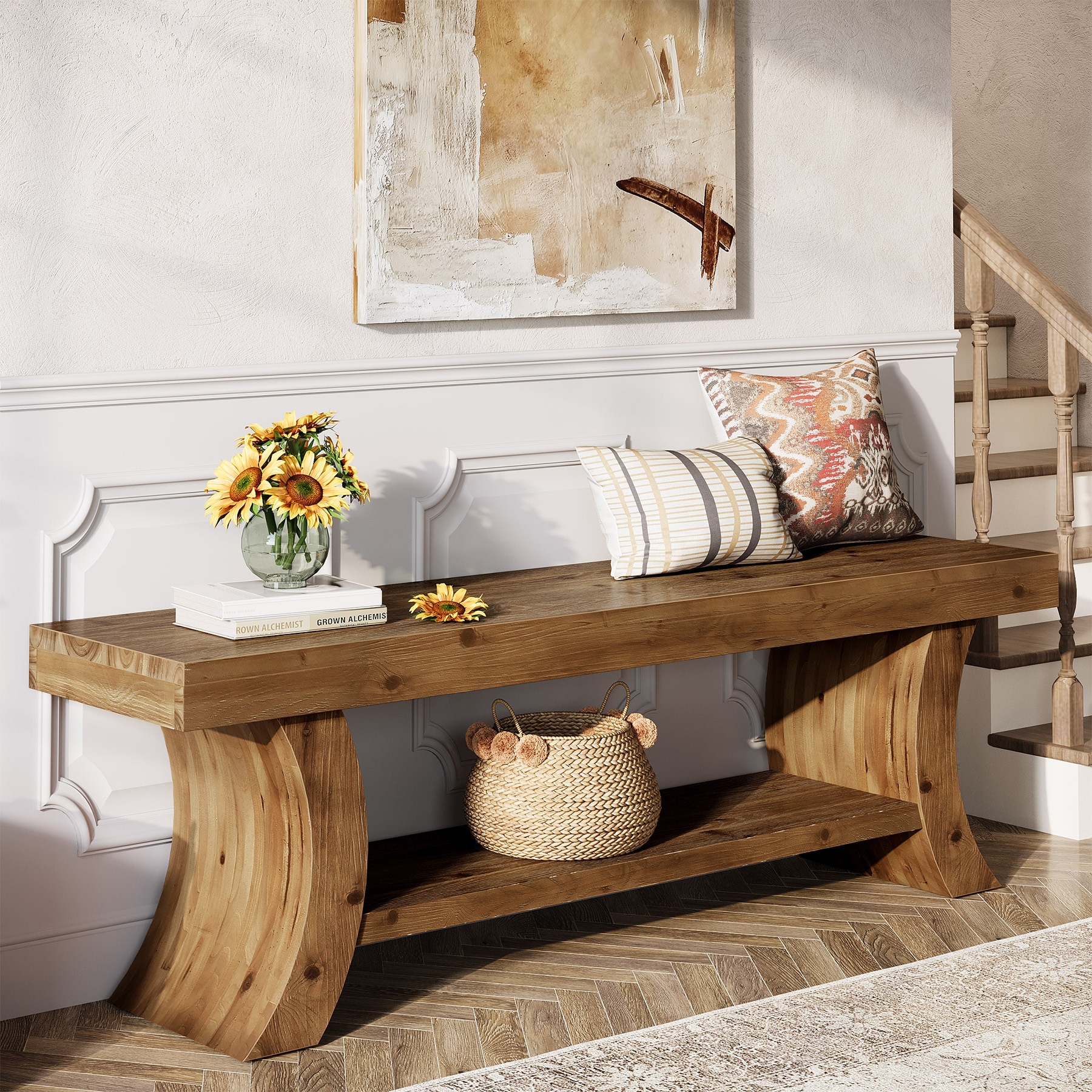 Solid Wood Entryway Bench, 2-tier Farmhouse Shoe Storage Bench
