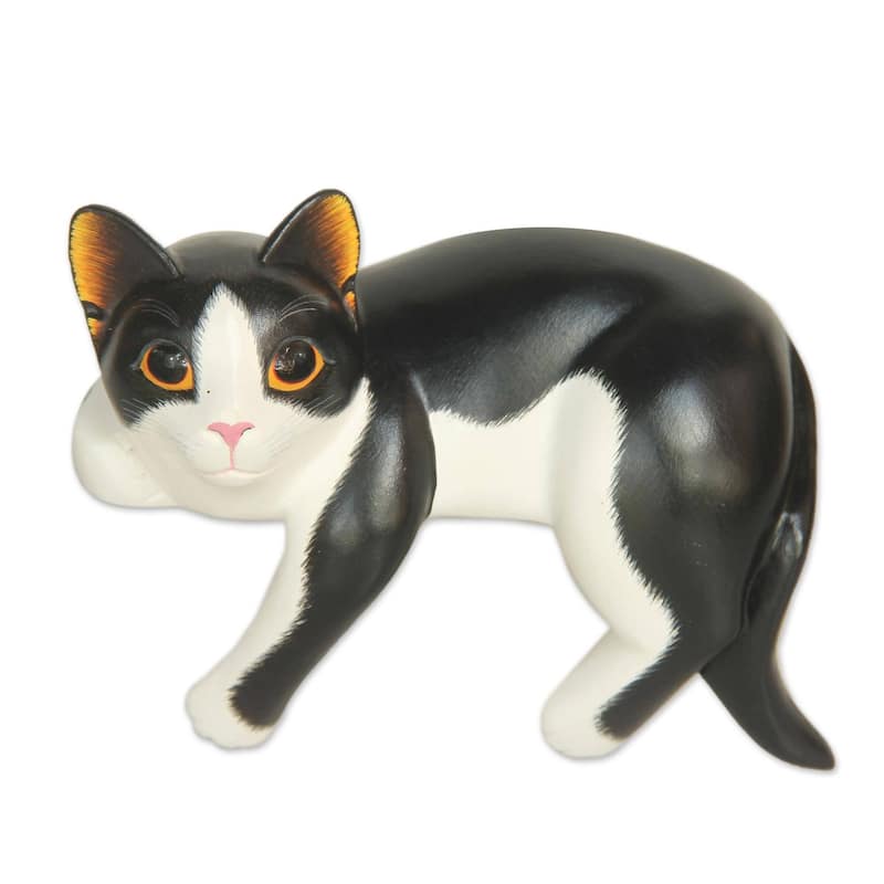 NOVICA Handmade Tuxedo Cat Relaxes Wood Sculpture (Indonesia) - 4.7" H x 6" W x 3.5" D