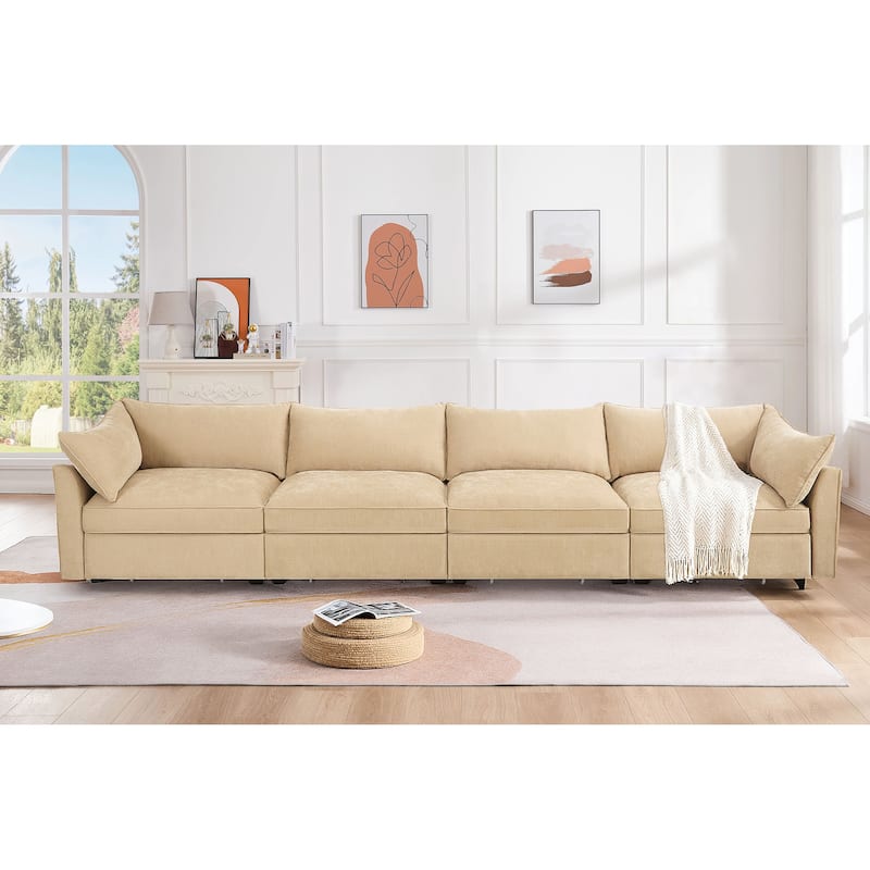 Chenille Fabric Upholstered Sofa with Under-Seat Drawers - Wheat - 4-Seat